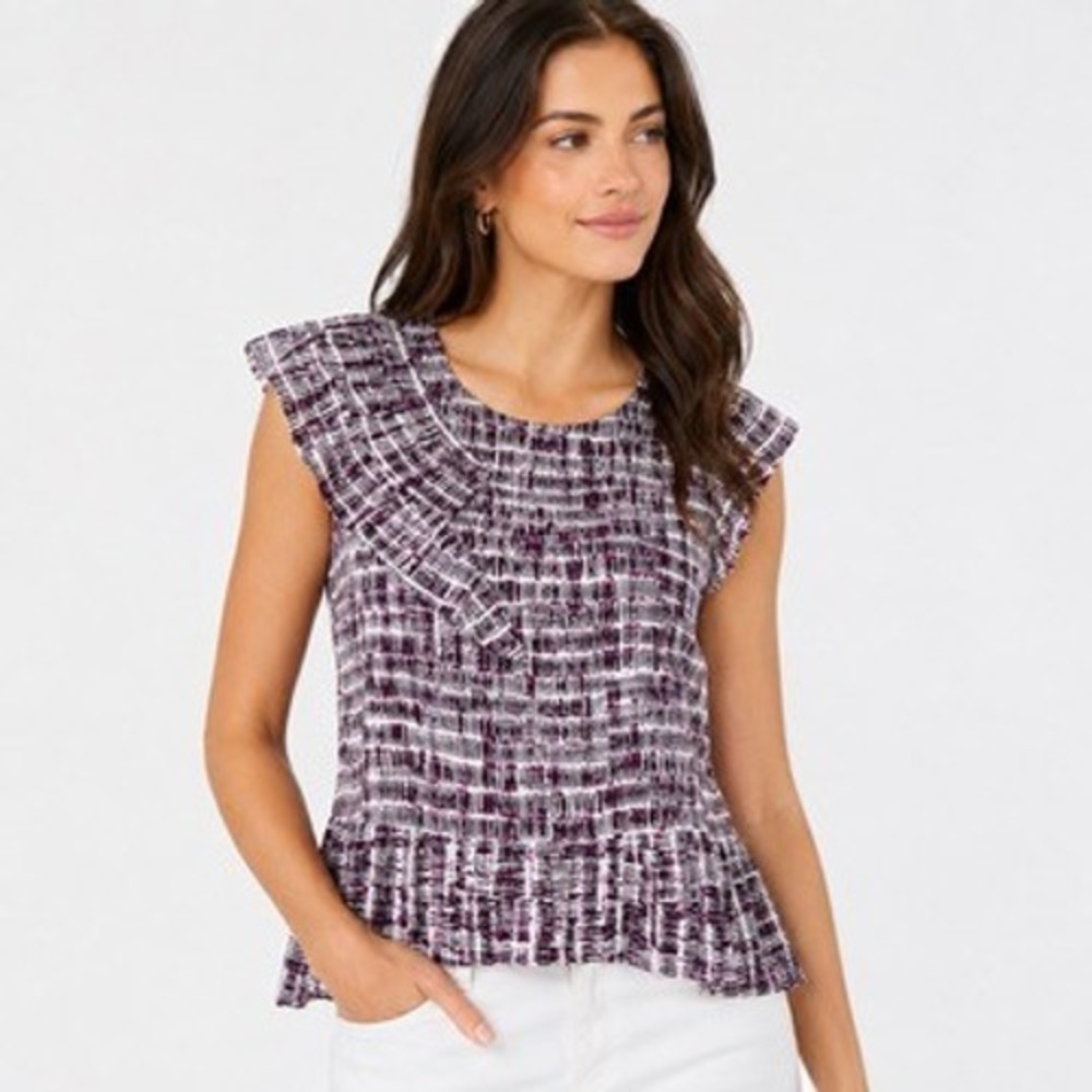 Banana Republic Purple White Abstract Print Ruffle Peplum Blouse Womens Medium